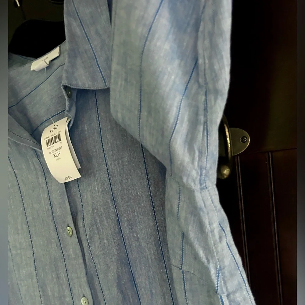 NWT J. JILL Blue Linen Stripe Long Sleeve Button Down Shirt Classic Office | XLP - Picture 11 of 16